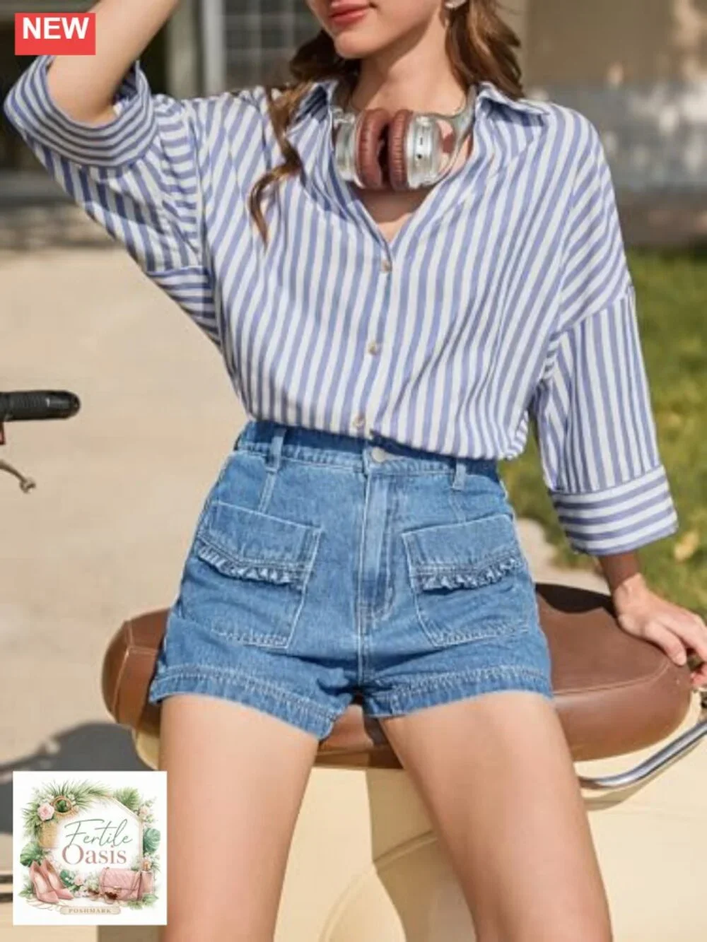 High Waisted Baggy Wide Leg Jean Shorts with Ruffle Pockets, Lightweight